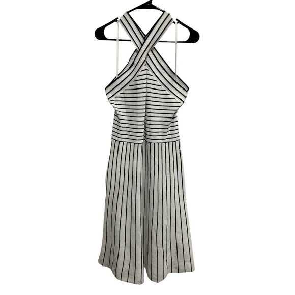 Ann Taylor NEW Striped Black White Halter Neck Dress Criss Cross Back SZ Large - Picture 1 of 10